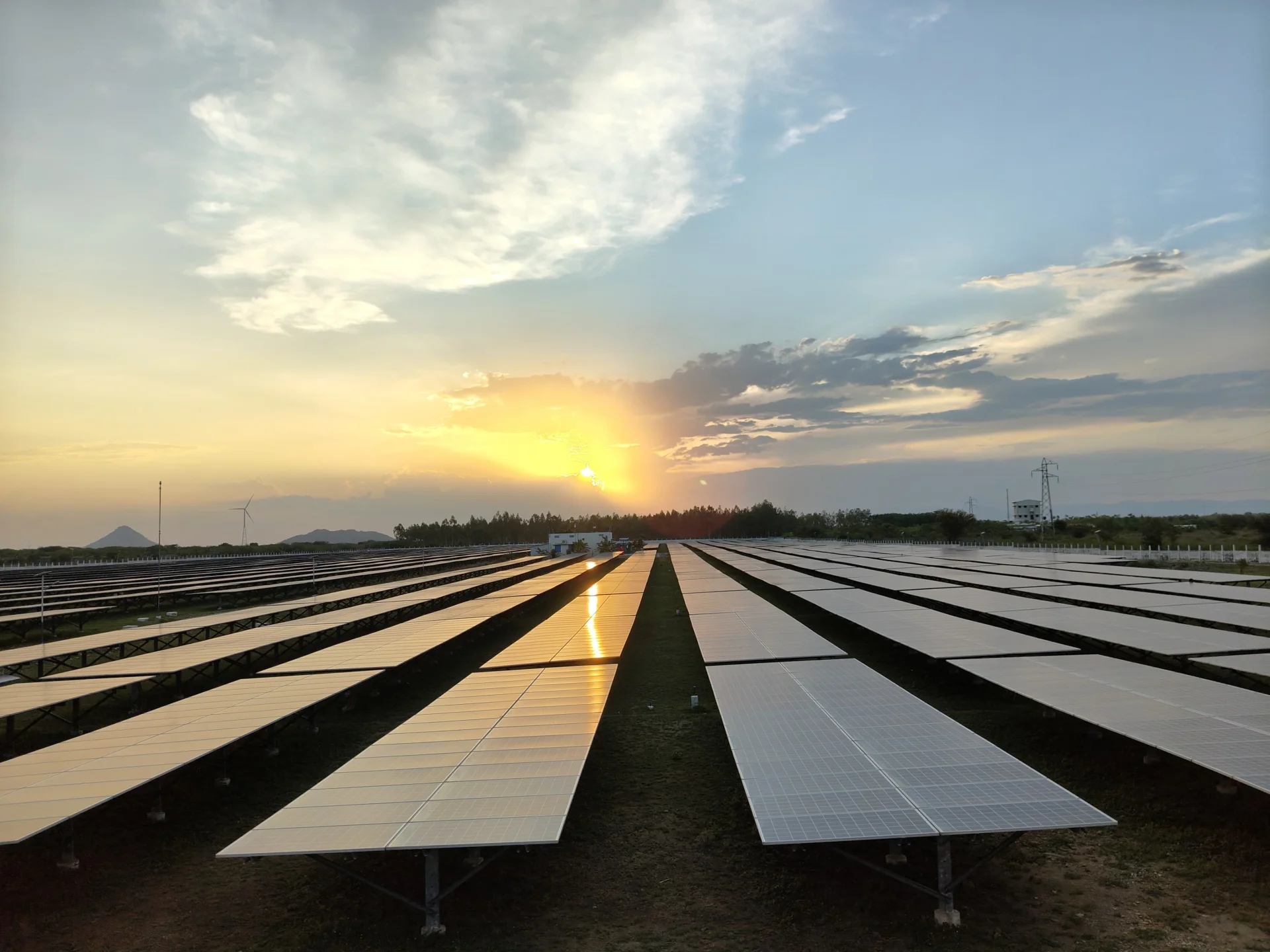 Solar farm at dusk